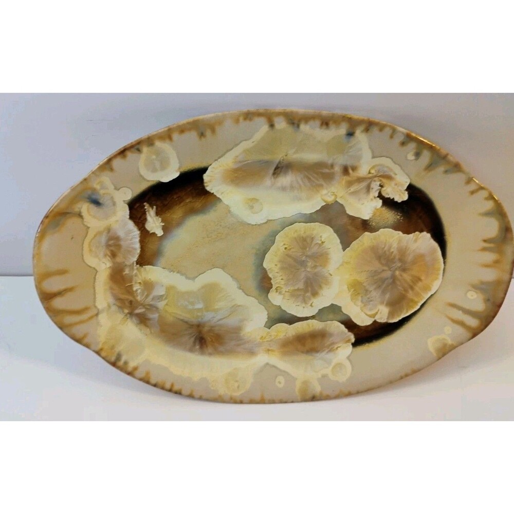 Vintage Studio Art Pottery Platter Crystalline Glaze Gold Cream Starburst Oval